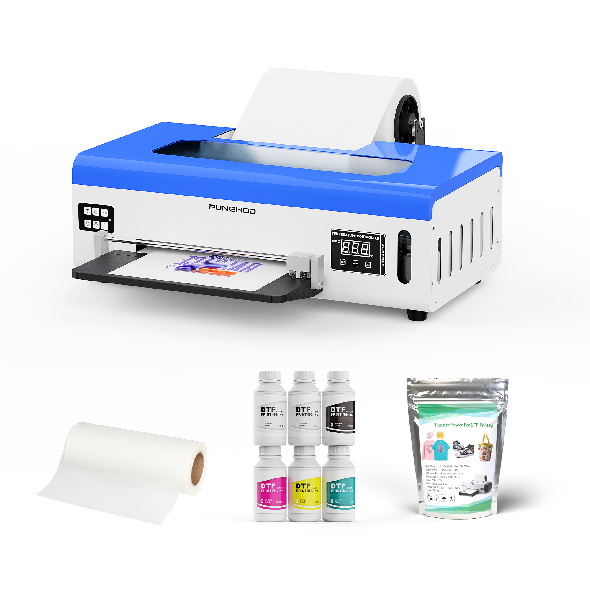 Imprimante DTF PUNEHOD A4 L800, avec chargeur de rouleau et bac à encre blanche pour l'impression DIY de tissus clairs et foncés (imprimante + consommables)
