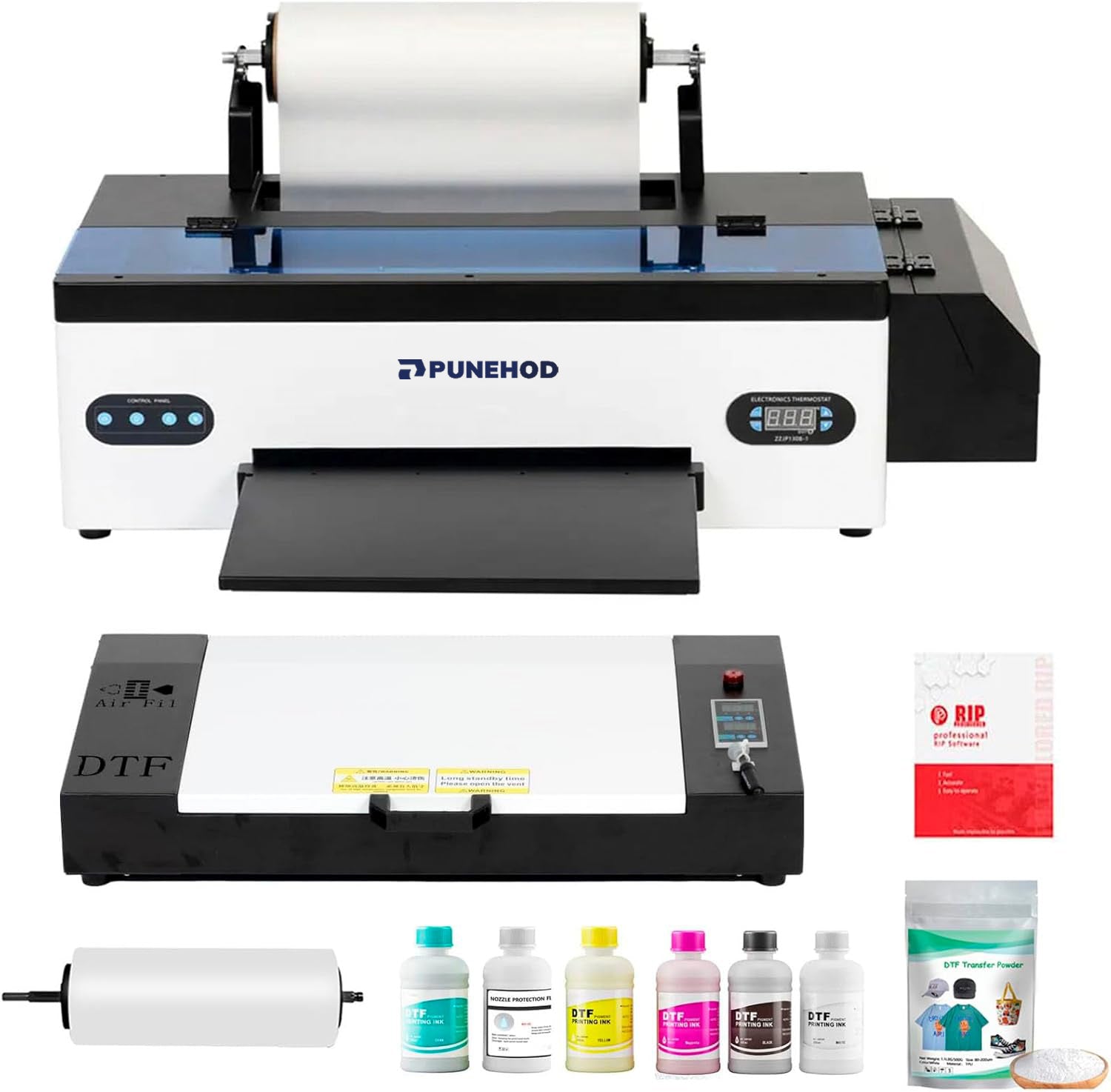 Punehod DTF-Drucker A3 l1800 mit Rollenzuführung, DTF-Druckerpaket für dunkle und helle Kleidung (Drucker + Ofen + Verbrauchsmaterial)