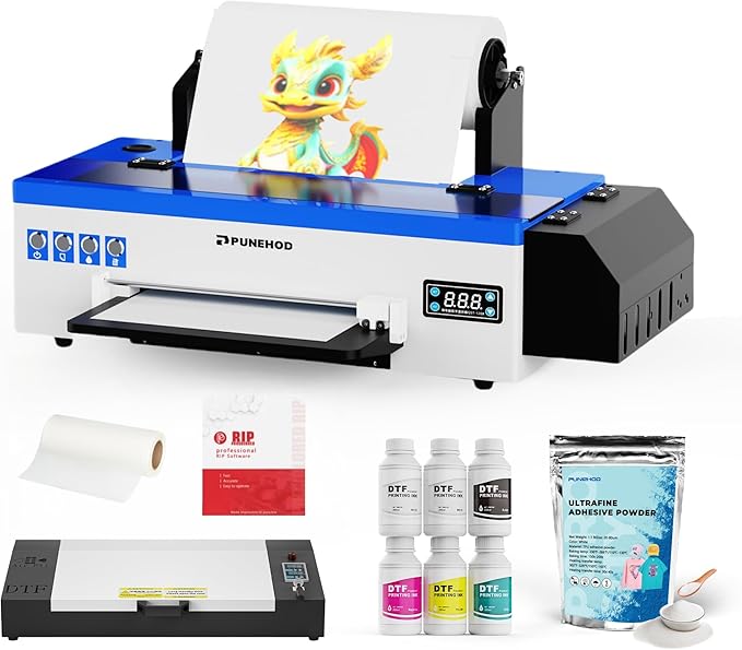 Punehod 13" DTF Printer A3 l1800 with Roll Feeder,DTF Printer Bundle for Dark and Light Clothing (Printer+Oven+Consumable)