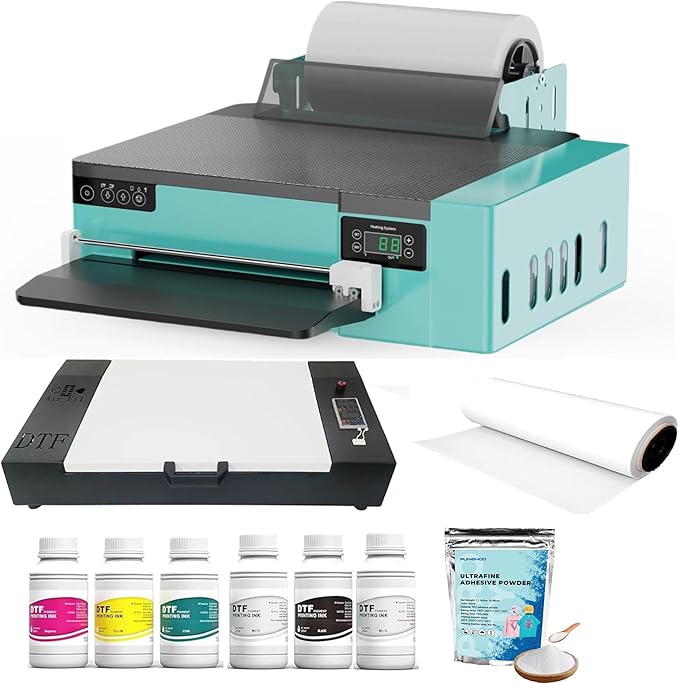 PUNEHOD Cyan DTF Printer A4 XP600, with Roll Feeder and White Ink Circulatory for DIY Print Dark and Light Fabrics (Printer+Oven+Consumable)
