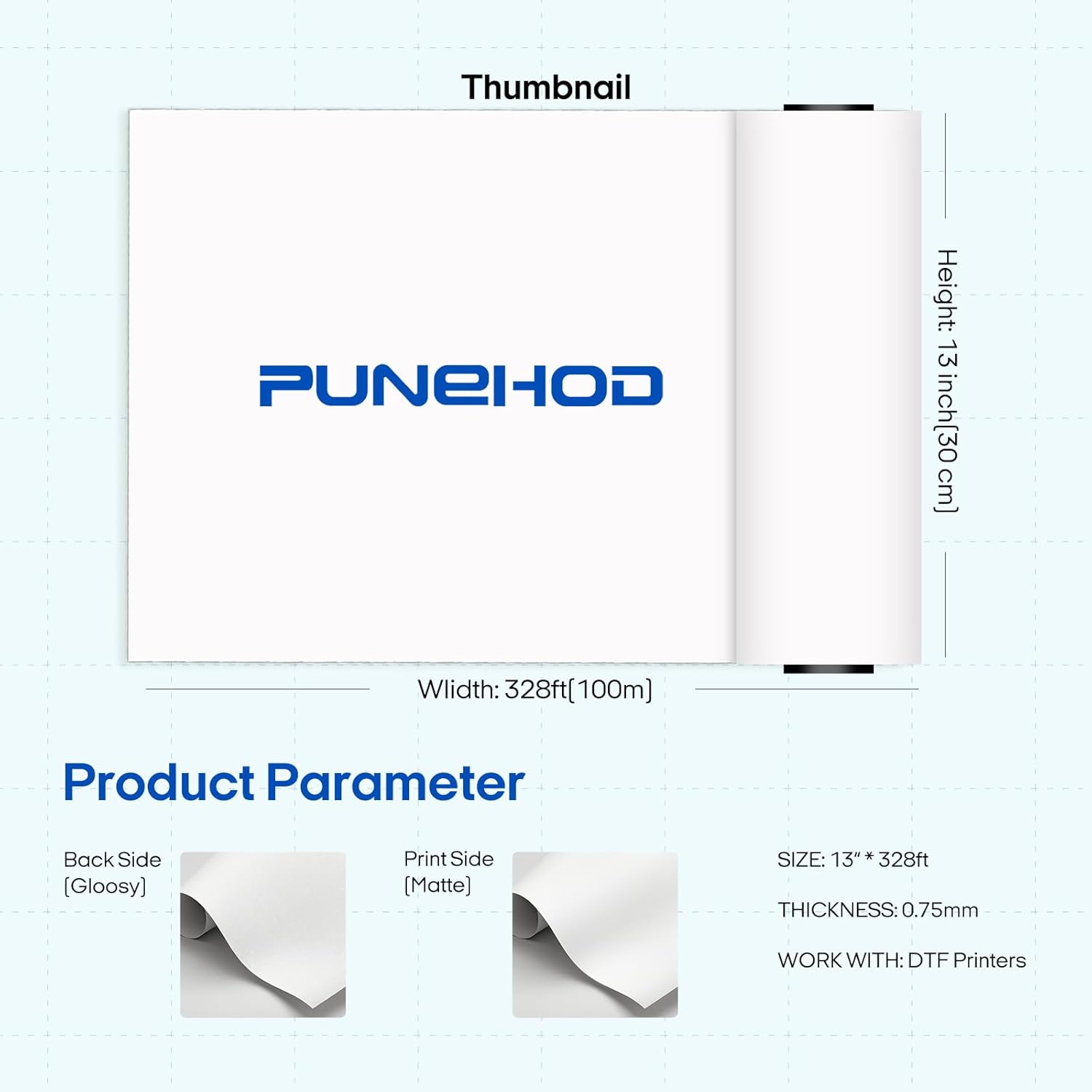 PUNEHOD DTF Transfer Film Roll - 13" X 328ft A3 Matte Clear DTF Film Roll for DTF Inkjet Printer