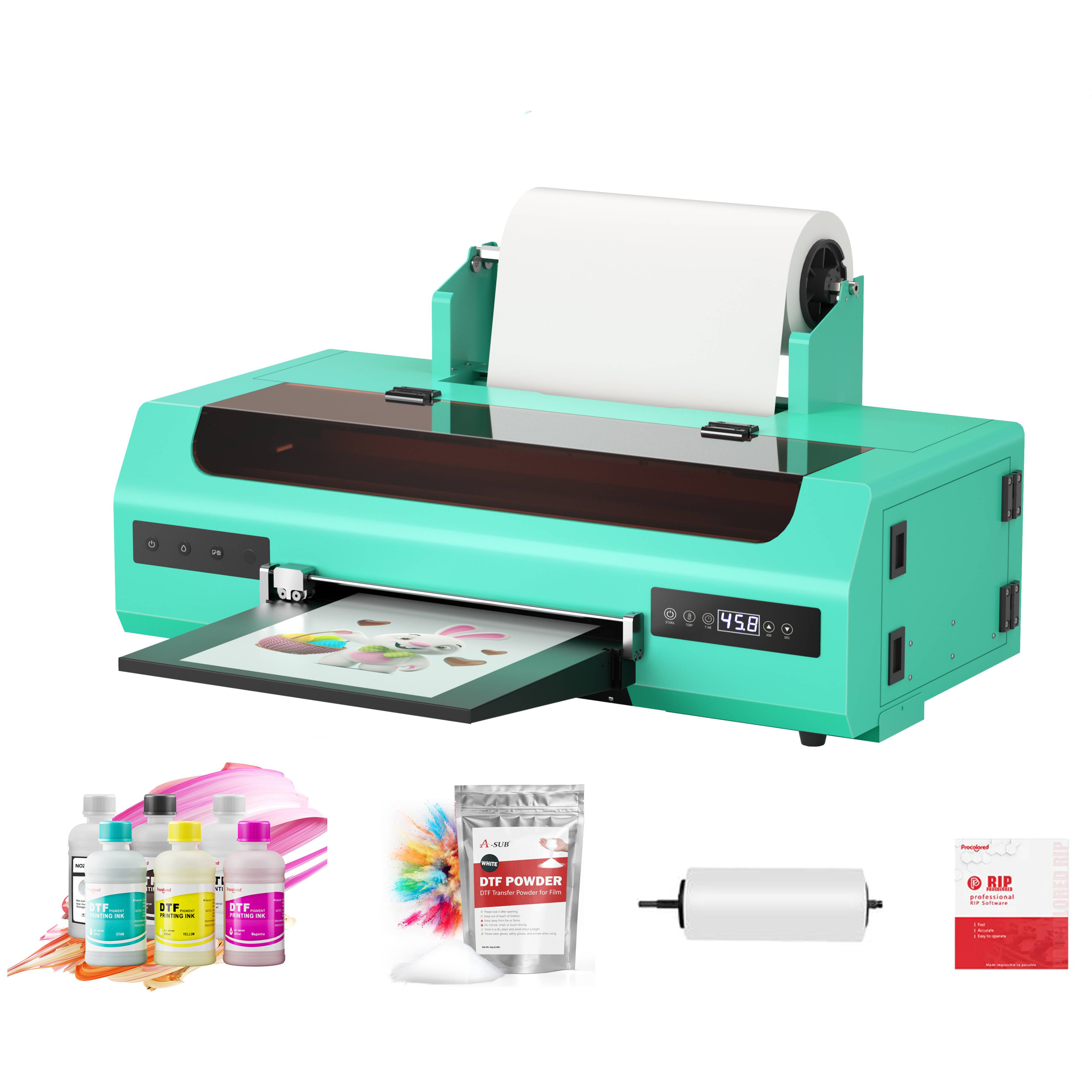 Punehod Cyan DTF-Drucker A3 L1800 mit Rollenzufuhr, DTF-Druckerset für DIT-Drucker-T-Shirts (Drucker + Verbrauchsmaterial)