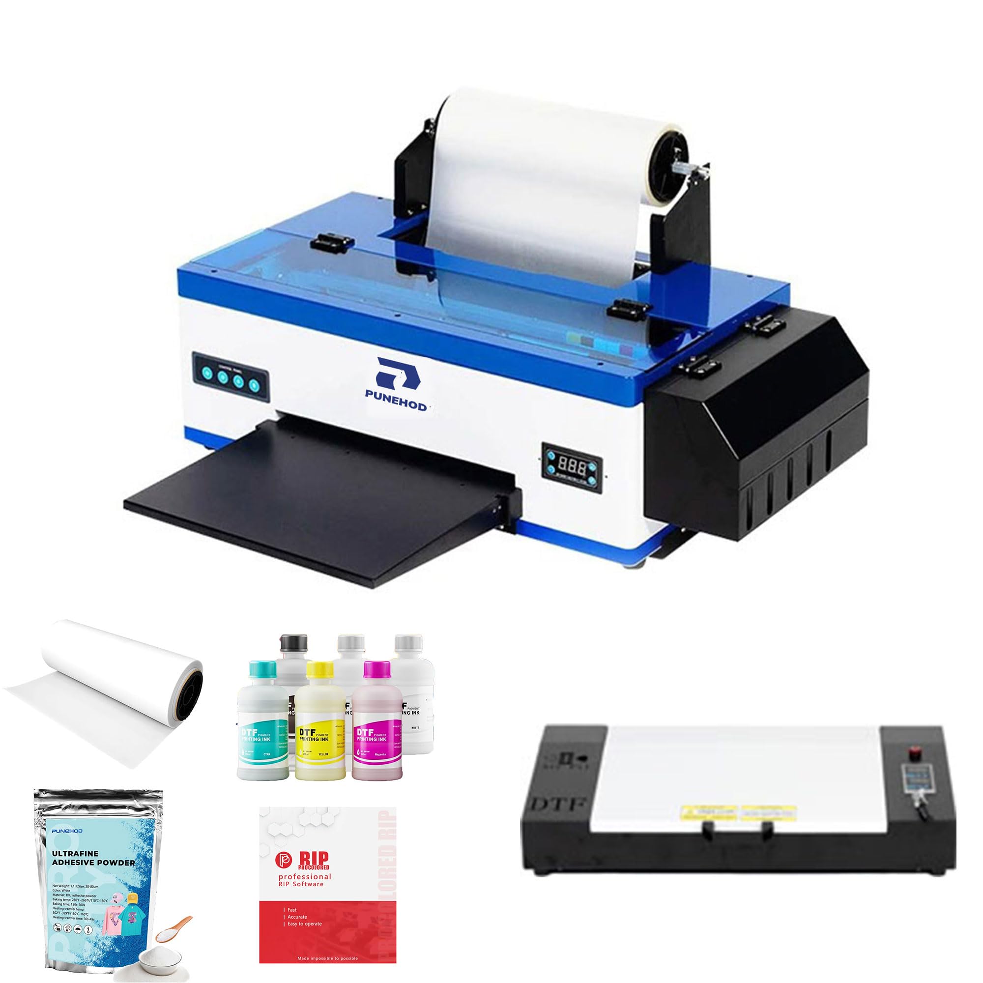Punehod PUNEHOD A3 DTF Printer, R1390 Direct to Film Machine, White Ink Circulation System, Roller and Sheets Feeder, Compatible with Multiple Materials, Custom Clothing Printing (13inch Printer+Consumable+Oven)