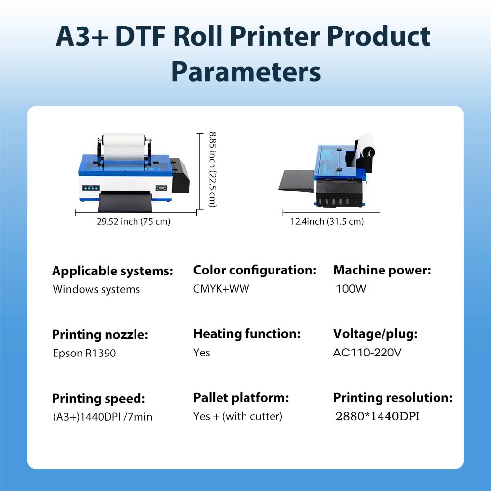 PUNEHOD A3 DTF Printer, R1390 Direct to Film Machine, White Ink Circulation System, Roller and Sheets Feeder, Compatible with Multiple Materials, Custom Clothing Printing (13inch Printer+Consumable)