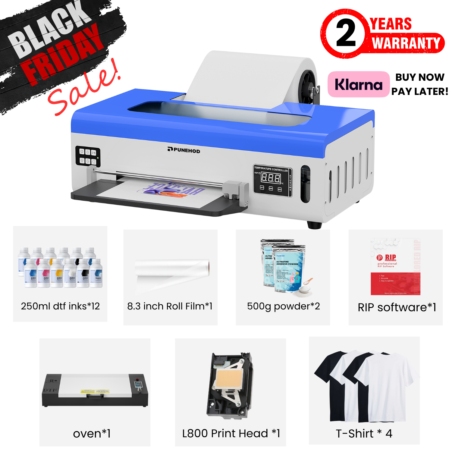 Imprimante DTF PUNEHOD A4 L800, avec chargeur de rouleau et bac à encre blanche pour l'impression DIY de tissus foncés et clairs (imprimante + four + consommables)