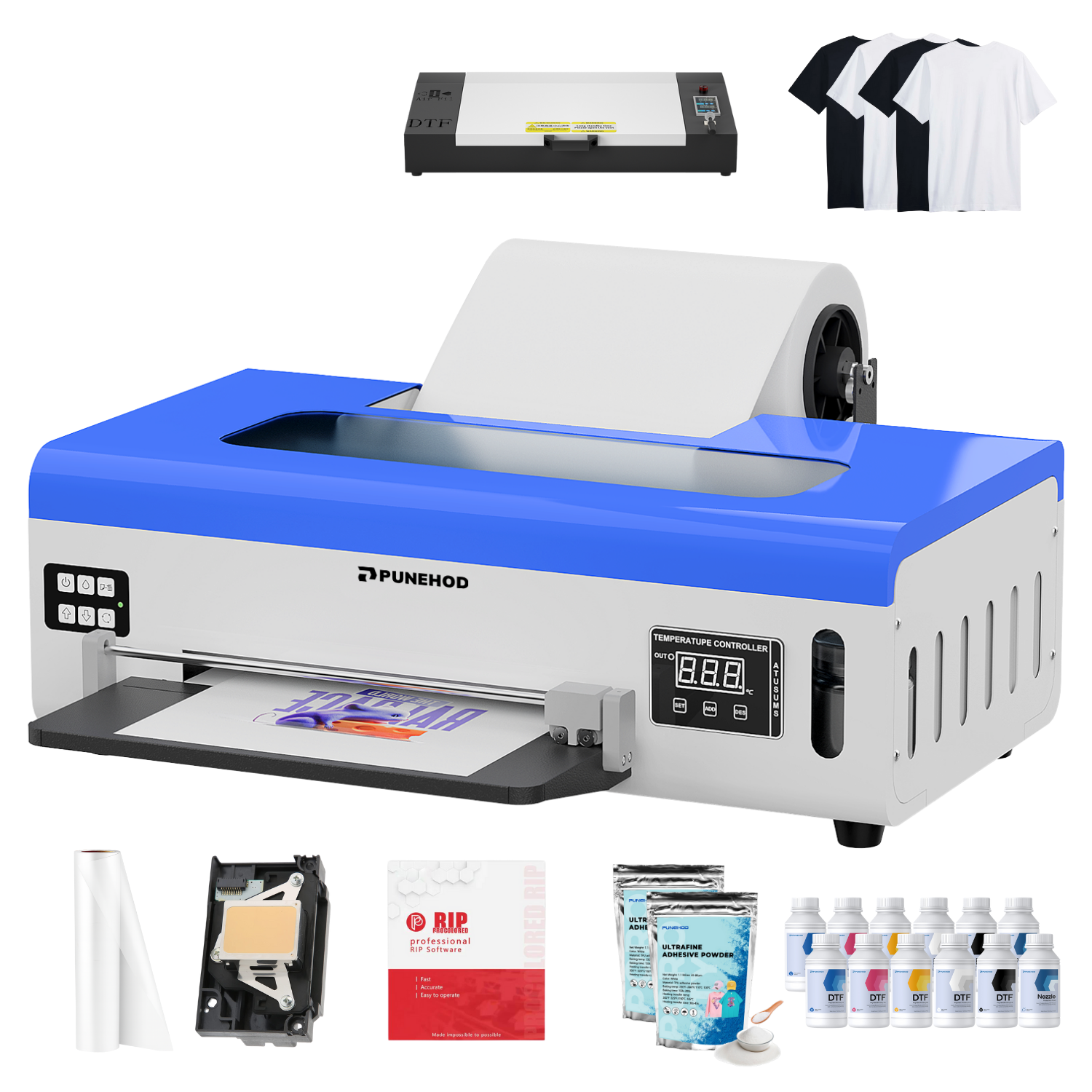 Imprimante DTF PUNEHOD A4 L800, avec chargeur de rouleau et bac à encre blanche pour l'impression DIY de tissus foncés et clairs (imprimante + four + consommables)